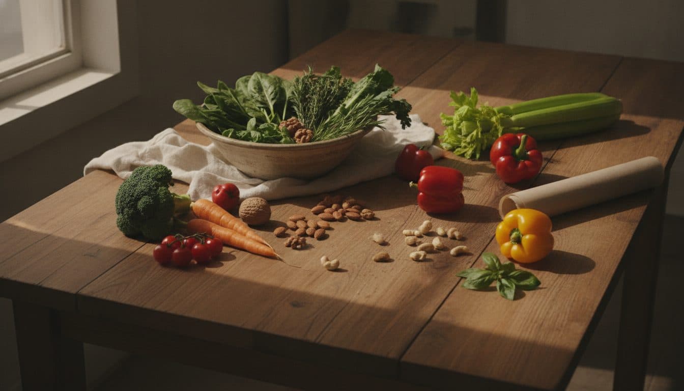 Onbewerkte voeding en verse ingrediënten op tafel in daglicht